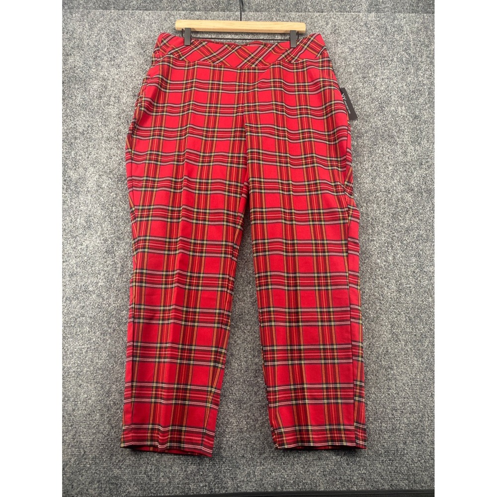 Jones New York Red Plaid Pull On Pants Womens 1X Tartan Holiday Straight Leg NEW